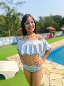 Children's Bikini For Girls Summer 2 In 1 Ruffle - 霧霾藍 - 查看 1