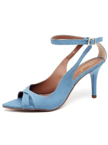 Women's Sandals With Thin Medium Heel And Leaf Toe - Blue - View 3