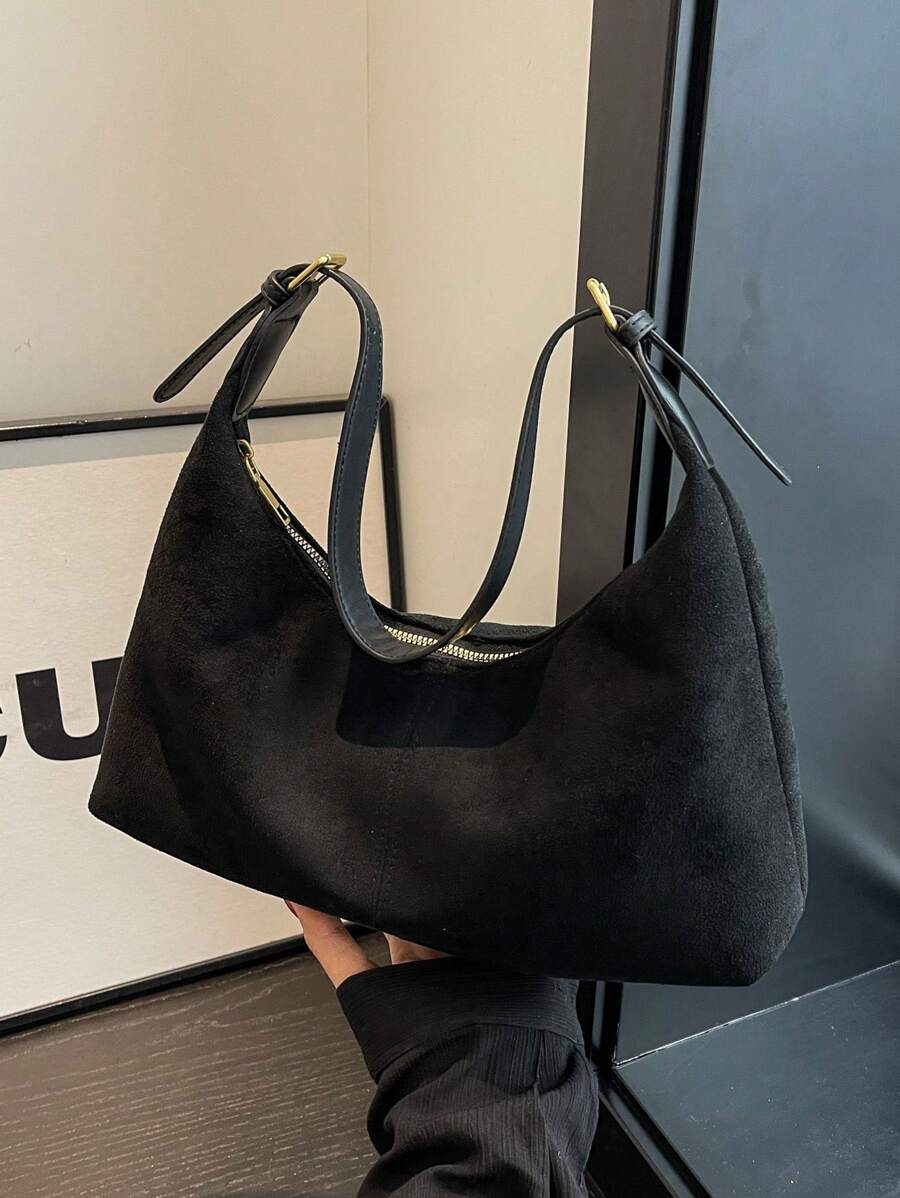 绒面革新月形单肩包，2 条带大容量斜挎手提包，可调节肩带女士休闲单肩包，适合通勤，时尚绒面革钱包 - 黑色 - 查看 1