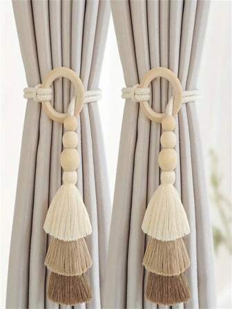 1/2 件手工波西米亚风格流苏窗帘绑带，带木珠 - 涤纶波西米亚风窗帘绑带，适用于家居装饰