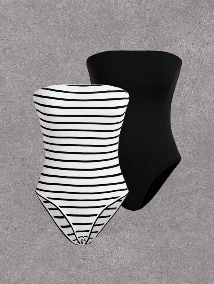 Strapless Bodysuit - 黑與白 - 查看 1