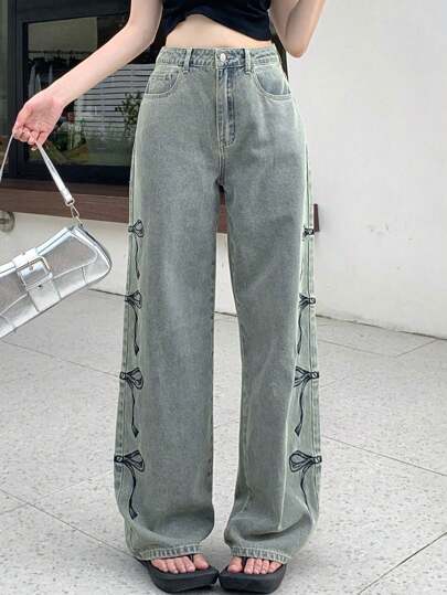 Teen Girl Fashionable Classic Bow Decor Washed Denim Jeans