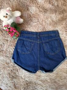 Women's Dark Denim Shorts With 2 Buttons - 深色水洗藍 - 查看 2
