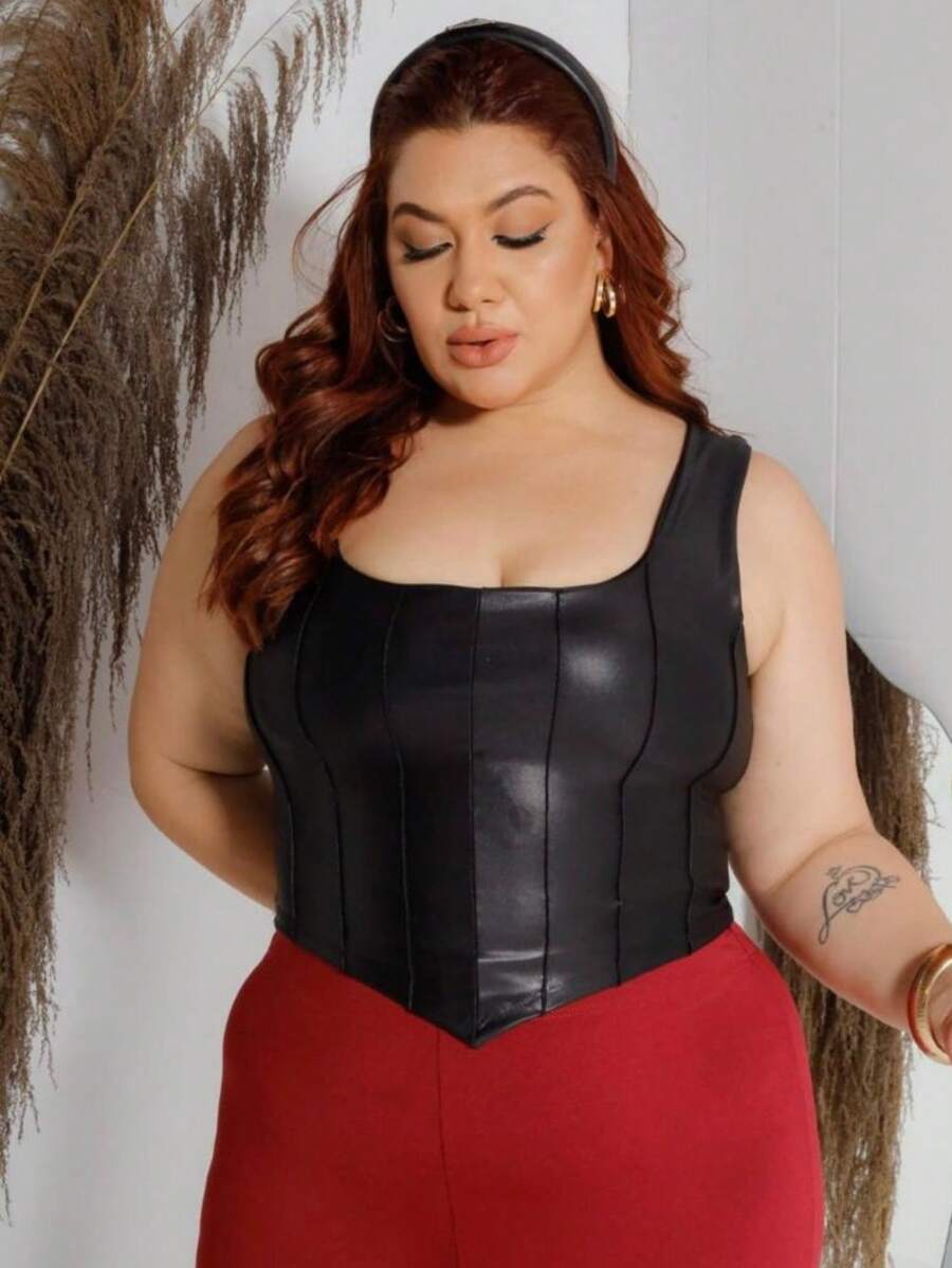 Cropped Corselet Tank Top Plus Size Large Size Cirre - Black - View 1