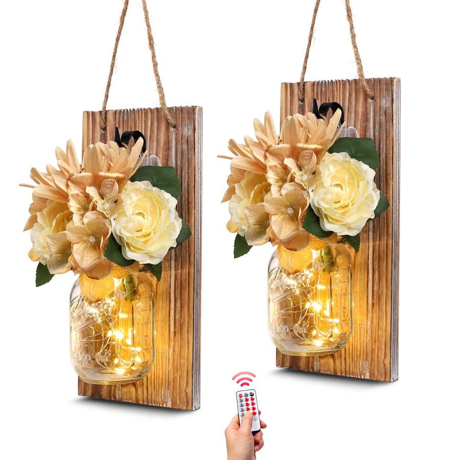 BEKITCHEN Rustic Wall Sconces Wall Decor Set Of 2, Farmhouse Wall Decor Living Room, Wall Hangings Home Decor Wall Art, Country Home Decor With Remote LED String Lights 6 Hour Timer And Artificial Flowers For Modern Farmhouse Room - 質樸棕色大號 - 查看 1