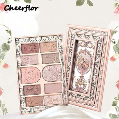 CHEERFLOR Paleta de maquillaje con relieve, paleta de sombras de ojos, altamente pigmentada, con tapa giratoria magnética, paleta de sombras de ojos en polvo mate y brillo, sombra de ojos brillante y duradera, ligera y suave, con espejo, iluminadores, polvo para contorno y rubor todo en una paleta de maquillaje, cosmética de uso diario