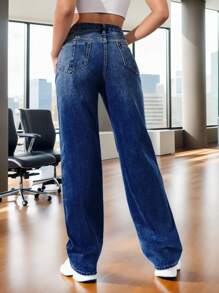 Pantalones Vaqueros Baggy De Cintura Alta Con Bolsillos Inclinados Estilo Boyfriend, Jeans lavados rasgados diarios simples en azul oscuro para mujer - Azul lavado oscuro - Ver 2