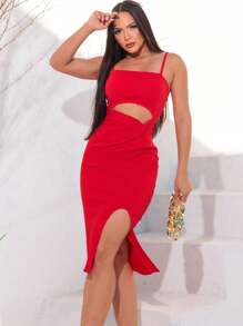 2Strap Midi Dress With Slit And Front Cutout - Blogger Fashion - Foreign Fashion - 2024 - 紅色 - 查看 1
