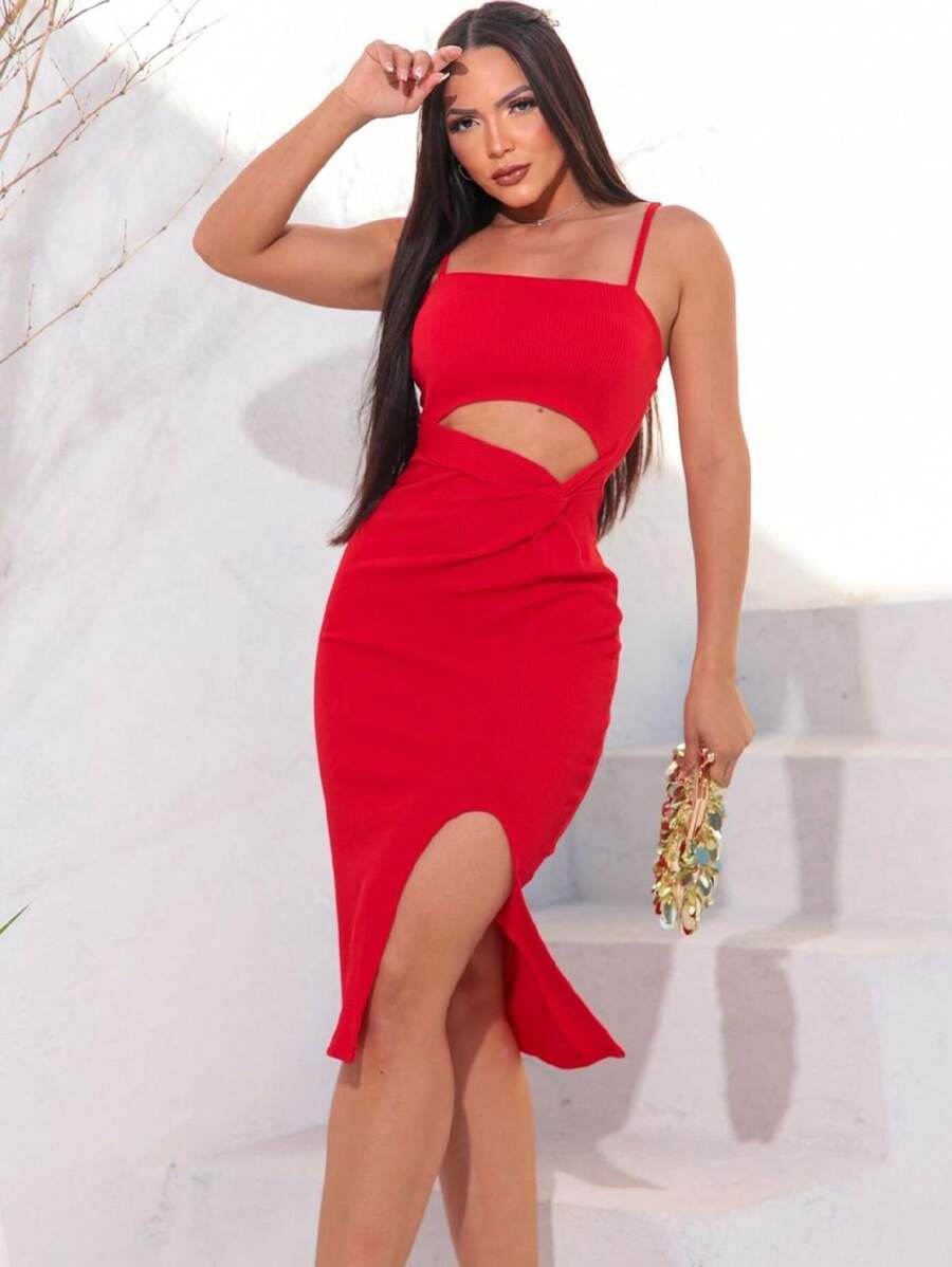 2Strap Midi Dress With Slit And Front Cutout - Blogger Fashion - Foreign Fashion - 2024 - 紅色 - 查看 1