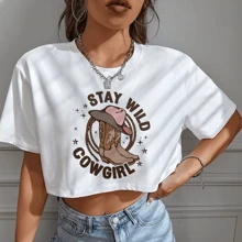 Women's Oversized Cropped Top Off Shoulder Cowboy Style Stay Wild Vibe Boots Unisex - 白色 - 查看 2