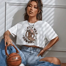 Women's Oversized Cropped Top Off Shoulder Cowboy Style Stay Wild Vibe Boots Unisex - 白色 - 查看 1