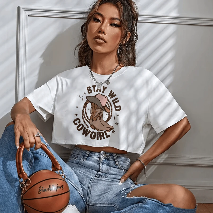 Women's Oversized Cropped Top Off Shoulder Cowboy Style Stay Wild Vibe Boots Unisex - 白色 - 查看 1