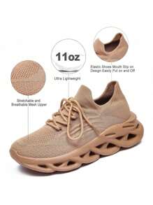 Women's Simple Plain Lace-Up Low Top Sock Sneakers, Summer 2024 Casual Comfortable Breathable Lightweight Sports Running Shoes - 卡其色 - 查看 2