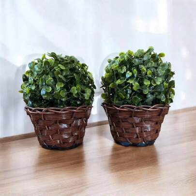 1 Arranjo Completo Premium Buchinho Bola De Grama Topiaria 13cm + 1 Vaso De Vime Trançado a Mão