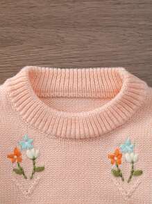 年轻女孩休闲针织圆领刺绣毛衣，秋冬 - 粉色 - 查看 3