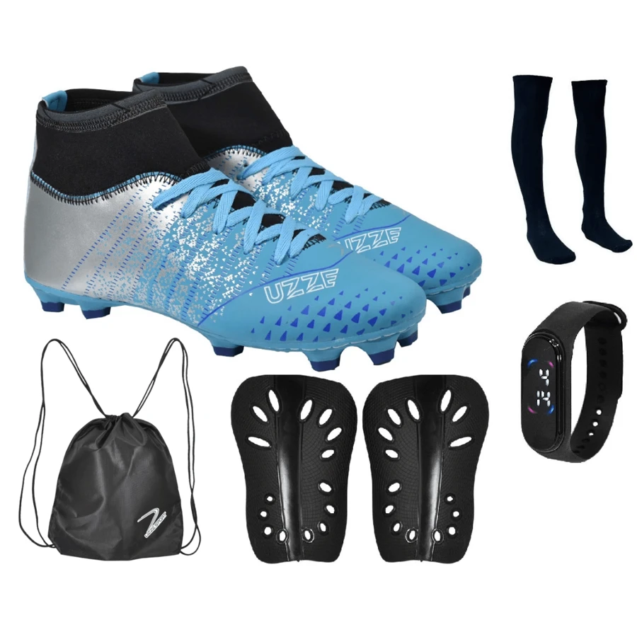 Uzze Sport Chuteira Campo Botinha Cano Alto UZ Grama Travas Meião Relógio Mochila Caneleira
