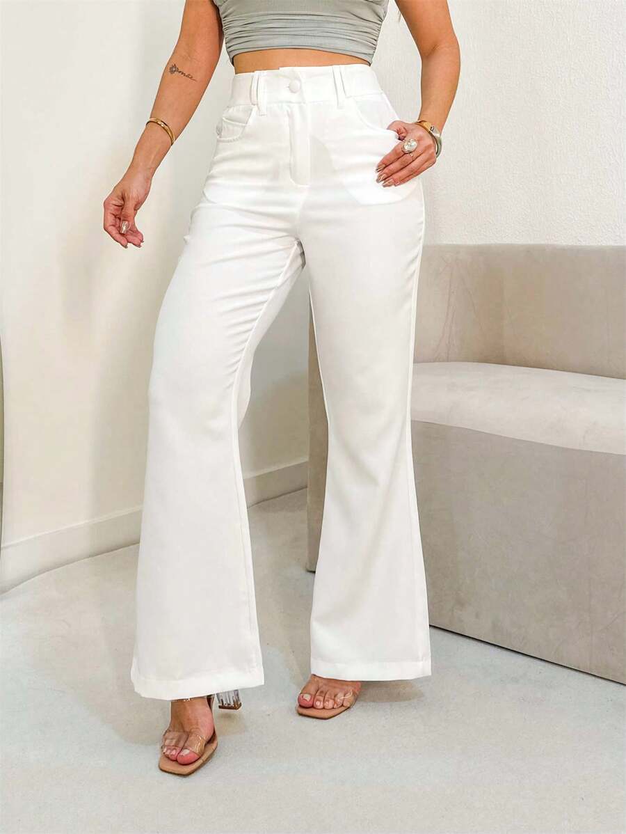 Women's Flare Pants Wide Leg High Waist Tailored Chic Work Wear Uniform Party Outfit/DD068 - trắng - Xem 1