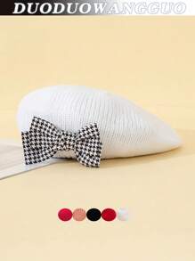 1pc Toddler Girls Houndstooth Pattern Bow Knitted Beret Hat, Beige