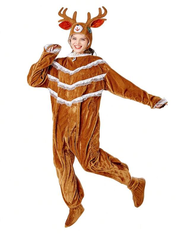 6-in-1 Rentier Kostümset beinhaltet Jumpsuit, Hut und Überzüge für die Füße, geeignet für Herbst/Winter Kindertags Party Cosplay