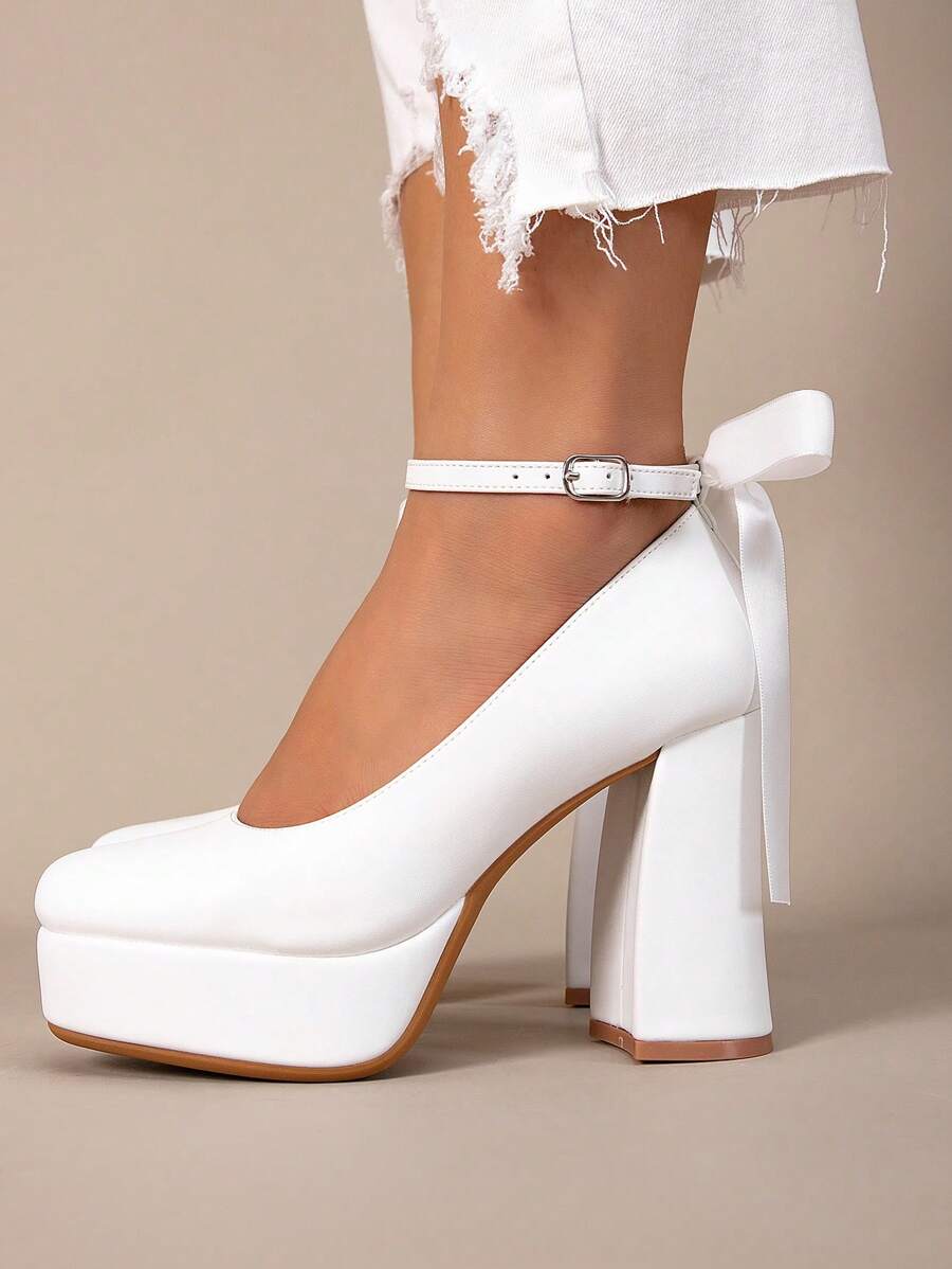 Damen Mode Schleife weiße Riemen High Heels mit Plateau, elegante Brautschuhe für Partys, Frühling Herbst Saison, elegant, Hochzeitsoutfits - Weiss - Übersicht 1