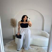 Women's Widleg Wide Leg Pants, Loose, High-Waisted, Elastic, Duna Tailoring Fabric - 灰色 - 查看 7