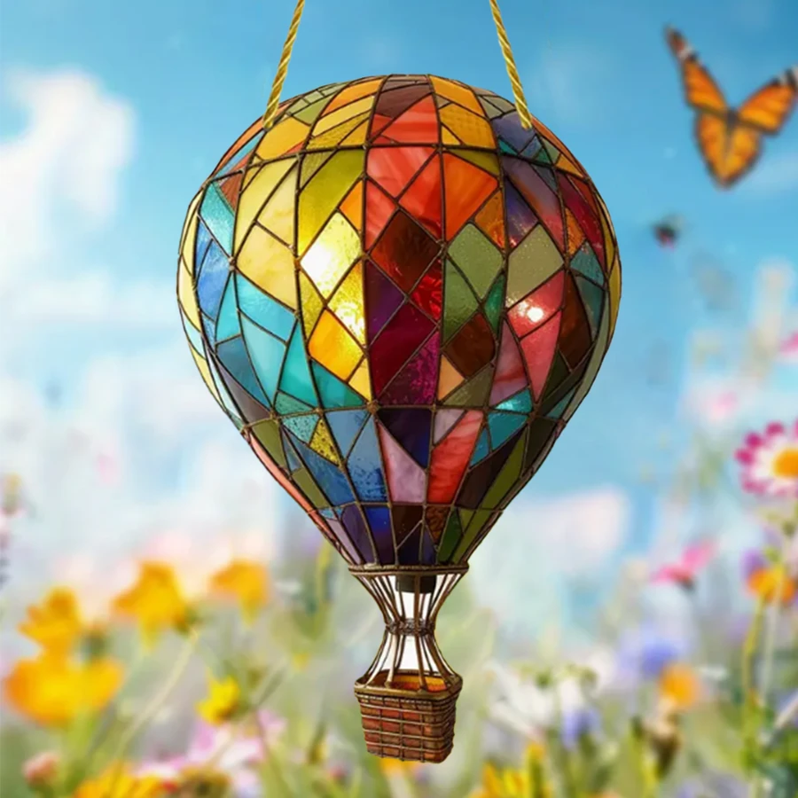 1 件彩色热气球窗帘装饰 - 彩绘玻璃外观，（7.9 英寸 X 5.1 英寸）丙烯酸材料，适合所有季节，是送给朋友、圣诞节、新年和派对的理想礼物