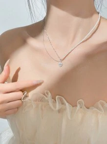 925 纯银珍珠心形吊坠项链，精致多层颈链，适合女士 - 白色 - 查看 7