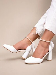 Spring & Autumn Elegant White Faux Pearl Bowknot Party & Wedding Pumps, Ladies' Pointed Toe Thick Heel Shoes Valentines