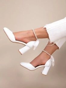 Spring & Autumn Elegant White Faux Pearl Bowknot Party & Wedding Pumps, Ladies' Pointed Toe Thick Heel Shoes Valentines