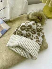 1pc Women's Autumn Winter Leopard Print Knit Beanie, Rolled Cuff Pom Pom Design Hatless Cap Halloween - Multicolor - View 6