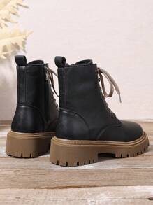 2026秋冬新款女鞋，保暖冬靴，时尚百搭休闲女鞋，真皮踝靴，黑白系带侧拉链短靴，平底女靴，女士踝靴和短靴，时尚女靴 - 黑色 - 查看 7