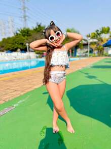 Children's Bikini For Girls Summer 2 In 1 Ruffle - 霧霾藍 - 查看 2