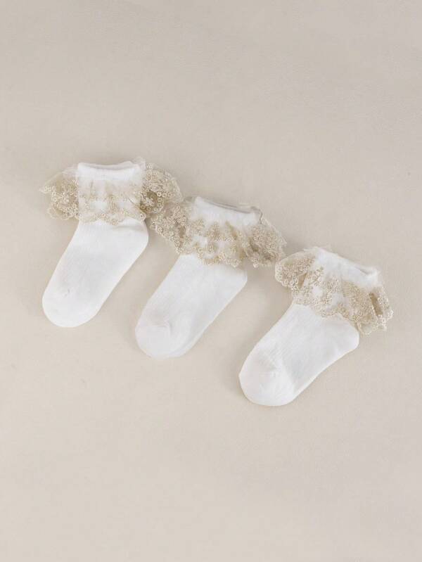 3pairs White Socks With Gold Lace Trim, Floral Lace Soft Short Socks For Party, Ballet, Casual Wear In Autumn & Winter