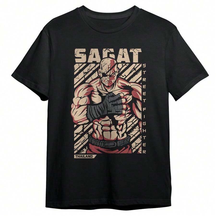 Sagat Street Fighter T-Shirt Gamer Geek Nerd Blouse Shirt Men Women 100% Cotton Top Premium Streetwear New Release Fast Shipping Various Colors!! Plus Size - 黑色 - 查看 1
