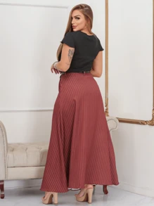 Women's Long Striped Tailored Skirt - Rust Brown - View 3