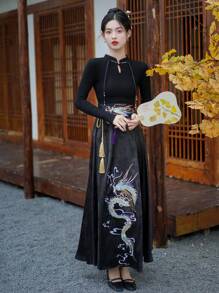 Autumn Elegant Chinese Style Elastic Waist Dragon Embroidery Chinese Dress 1 Piece Of Skirt For Chinese Wedding, Chinese New Year, Daily, Street, Commuting, Home And Other Occasions To Wear Hanfu Bottoms (Waistbelt For Free) - Black - View 7