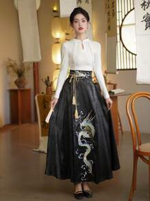 Autumn Elegant Chinese Style Elastic Waist Dragon Embroidery Chinese Dress 1 Piece Of Skirt For Chinese Wedding, Chinese New Year, Daily, Street, Commuting, Home And Other Occasions To Wear Hanfu Bottoms (Waistbelt For Free) - Black - View 4