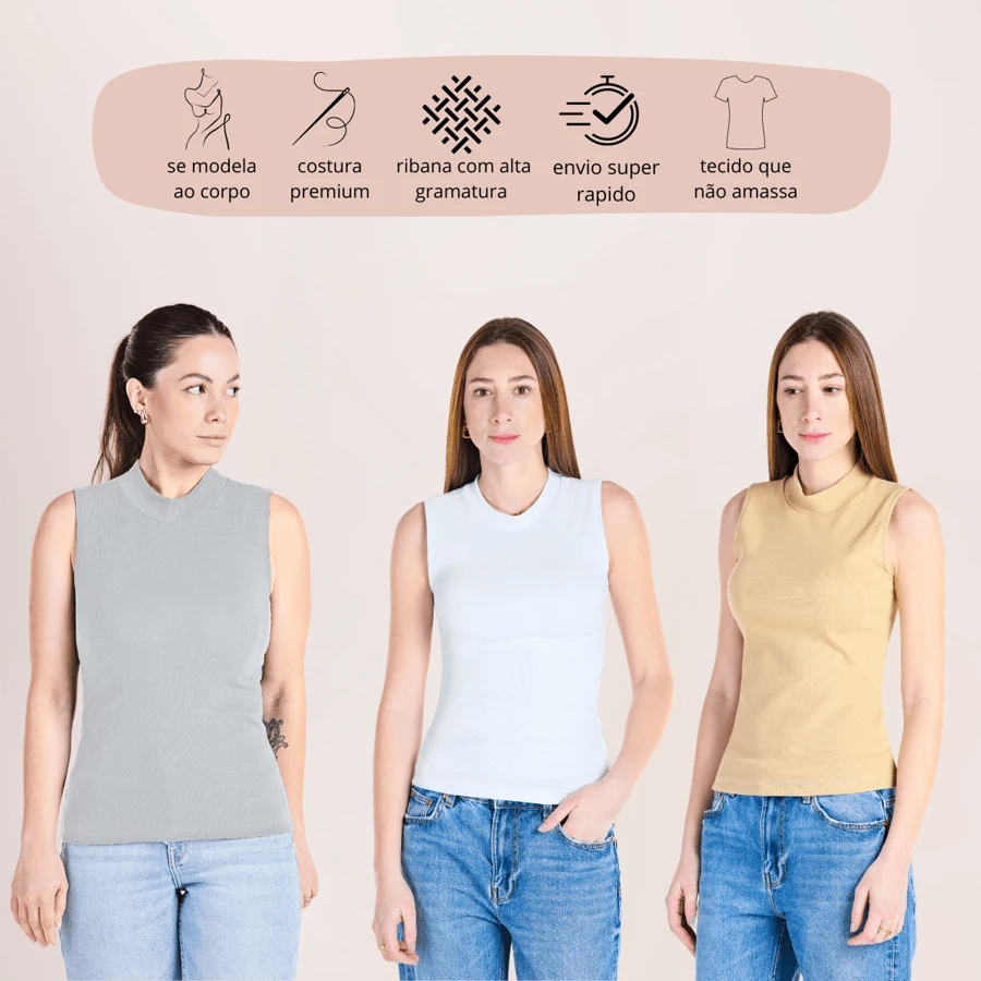 Kit 3 Women's High Neck Ribbed Tank Tops - Basic Women's Tank Top - 白色+混色+米色 - 查看 1