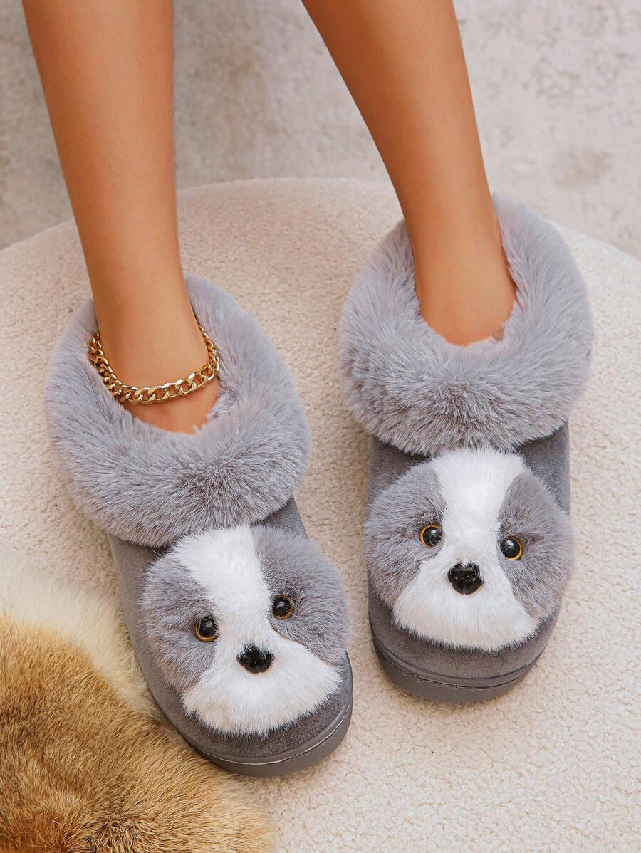 可爱卡通小狗冬季拖鞋，舒适温暖的软底一脚蹬鞋，舒适的室内毛绒绒拖鞋 - 黑色 - 查看 1