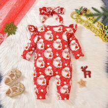 Set de 2 piezas: Pelele de manga larga con volantes y estampado de Papá Noel, y diadema para bebé niña recién nacida