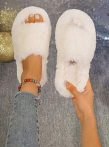 Dép xỏ ngón màu trắng mềm mại cho nữ, giày lông đế bằng nhẹ thoải mái đi trong nhà, phòng ngủ, mùa thu/đông - trắng - Xem 7