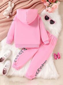 2 piezas/Conjunto Sudadera con capucha con estampado de mariposa y cremallera + pantalón casual para niña joven, otoño primavera - Rosa - Ver 2
