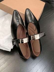 2024 Neue spitz zulaufende Lackballerinas in Schwarz, Schnallriemen mit Metallakzent, Damenschuhe, Vielseitig für Kleider und Hosen, Büroarbeitsschuhe - Schwarz - Übersicht 3