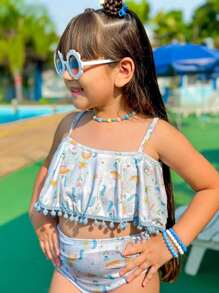 Children's Bikini For Girls Summer 2 In 1 Ruffle - 霧霾藍 - 查看 4
