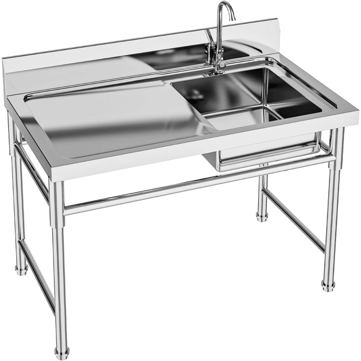SHZICMY 304 Stainless Steel Utility Sink Free Standing Outdoor Sink, Single Bowl Commercial Kitchen Sink W/Workbench, Stainless Steel Prep & Utility Sink For Restaurant, Kitchen, 47" X 24" X 35" (US Stock) - Silver0 - View 1