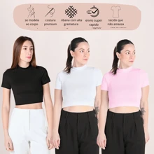 Kit 3 Cropped Viscolycra Women's Tops - Basic Women's Blouse - Trắng + Đen + Hồng - Xem 1