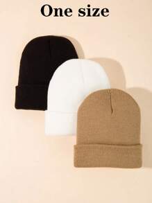 3pcs Women's Solid Color Simple And Fashionable Winter Unisex Black And White Khaki Thickened Warm Winter Hat - Suitable For Cold Winter Halloween