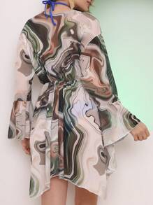 Printed Tulle Beach Cover-Up - 軍綠色 - 查看 4