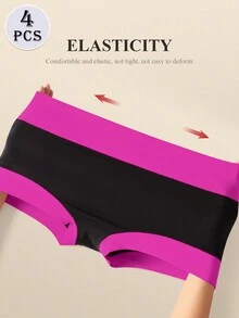 4 件大码女式高腰拼色平角内裤，无缝，透气，舒适内衣，适合日常穿着 - 彩色 - 查看 3