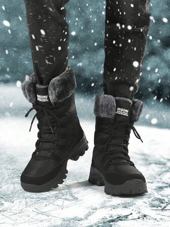 2024 New Warm Men High-Top Snow Boots With Thick Fur Lining ,Thick Sole, Waterproof Slip-Resistant Winter Boots, Outdoor Couple Plus Size Boots With Thickened Leather And Fur,Winter Essential For Vacation Camping
